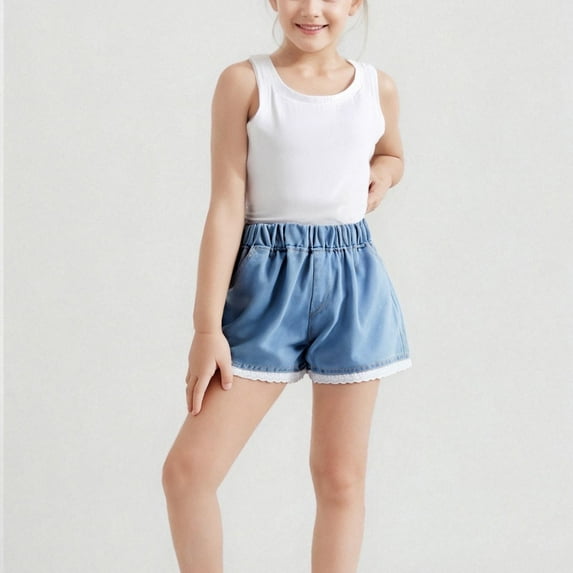 NAISIBABY Girls Denim Shorts, Elastic Waist Fashion Comfort Lace Ruffles Summer Casual Shorts Blue 4T