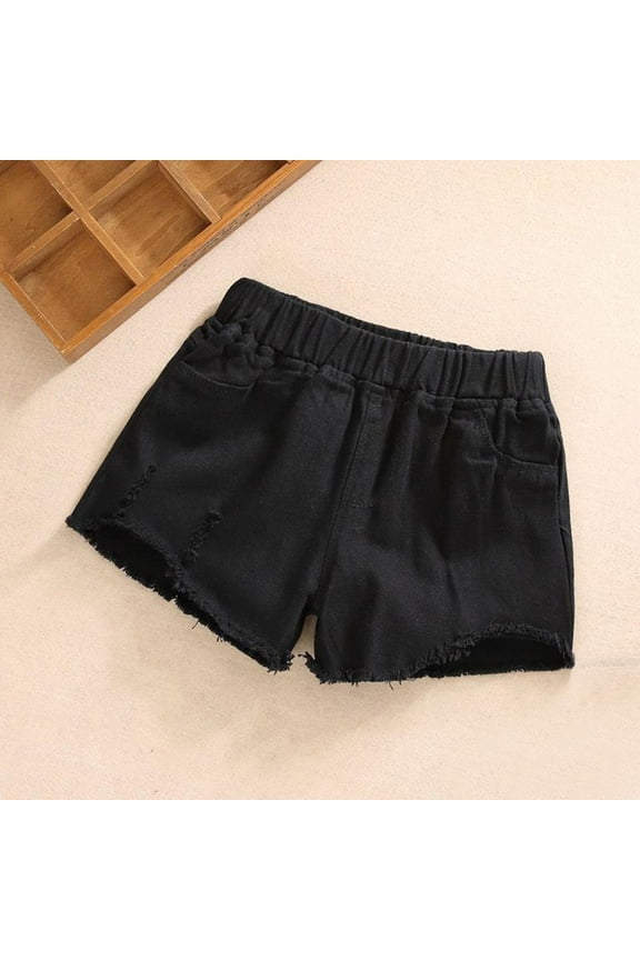 Girls Denim Shorts, Solid Color High Elastic Waist Ripped Kids Summer Jean Shorts Black 7-8T