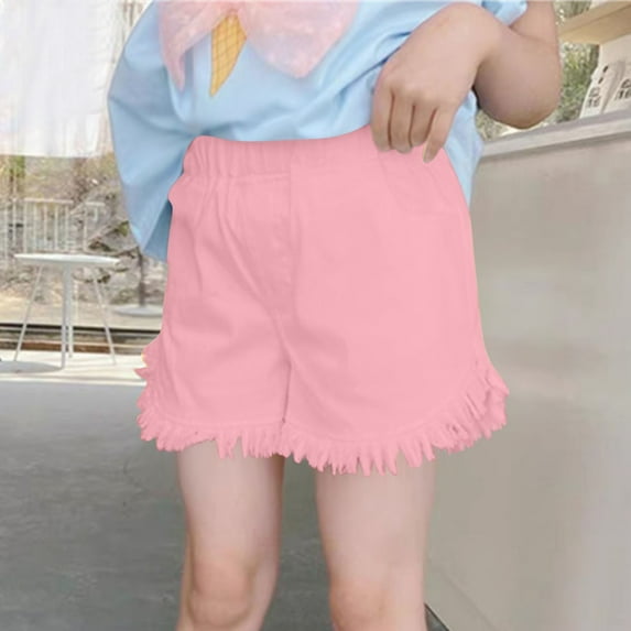 NAISIBABY Girls Denim Shorts, Solid Fashion Tassels Elastic Waist Summer Casual Shorts Pink 6-7T