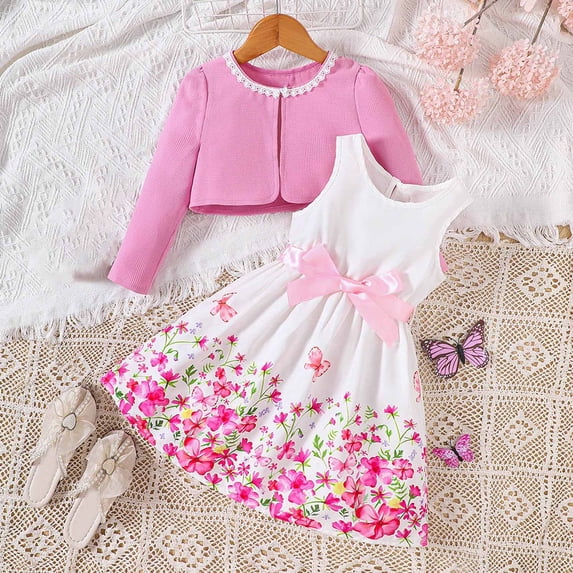 NAISIBABY Girls Dress Sets, Elegant Cardigan Floral Prints Sleeveless Dress Casual 2-Piece Dresses Pink 6-7T