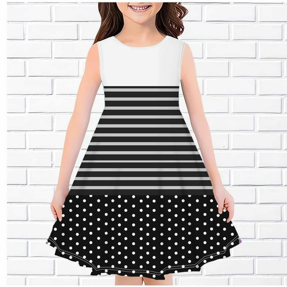 NAISIBABY Girls Dresses, Crew Neck New Prints Sleeveless Summer Sundress Black 4-14 T