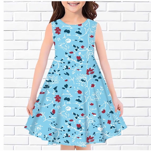 NAISIBABY Girls Dresses, Crew Neck New Prints Sleeveless Summer Sundress Blue 4-14 T