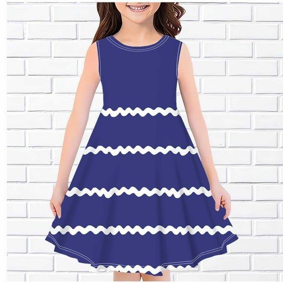 NAISIBABY Girls Dresses, Crew Neck New Prints Sleeveless Summer Sundress Dark Blue 4-14 T