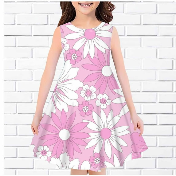 NAISIBABY Girls Dresses, Crew Neck New Prints Sleeveless Summer Sundress Pink 4-14 T