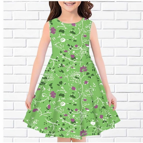 NAISIBABY Girls Dresses, Sleeveless New Prints Crew Neck Summer Sundress Green 4-14 T