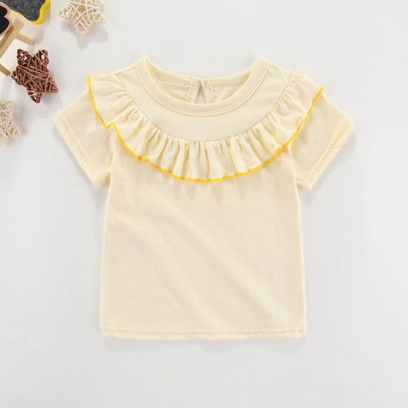NAISIBABY Girls Fashion T-Shirt, Ruffled Short Sleeve Cotton Summer Cute Sweet Tee Beige 12-24Months