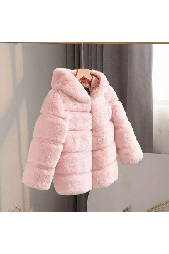 Girls Faux Fur Coat, Long Sleeve Hooded Thicken Warm Winter Fashion Fuzzy Jacket Outwear Pink 4T