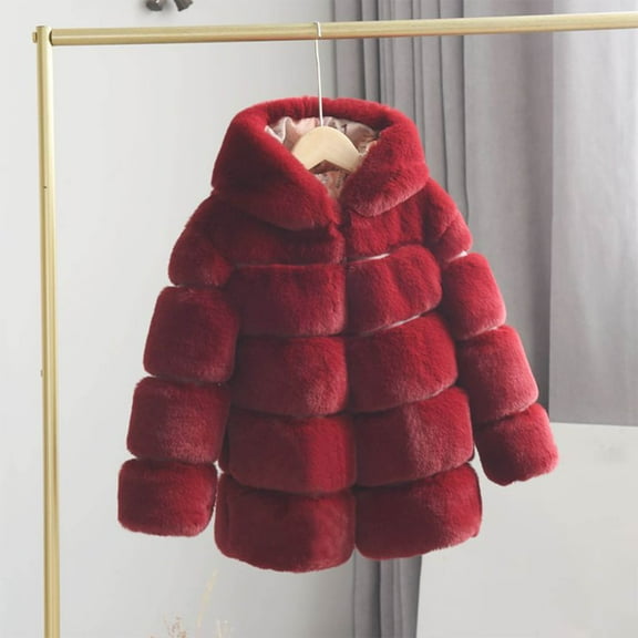 NAISIBABY Girls Faux Fur Coat, Long Sleeve Thicken Warm Hooded Winter Fashion Fuzzy Jacket Outwear Wine 5T