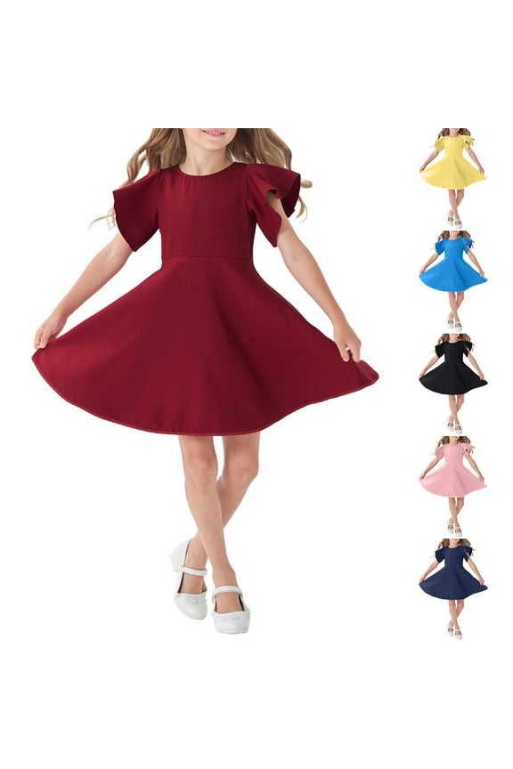 Girls Flare Dress, Ruffled Sleeve Solid Color Summer Casual Princess Dress Wine 5-6T