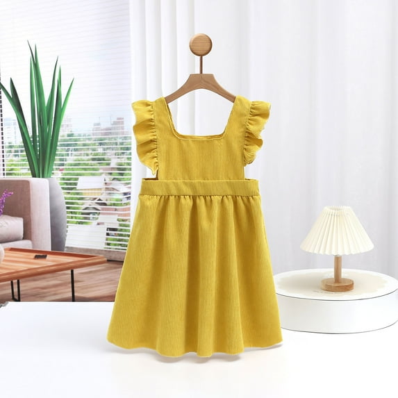 NAISIBABY Girls Flare Dress, Ruffled Sleeveless Corduroy Solid Color Casual Play Dress Yellow 4-5T