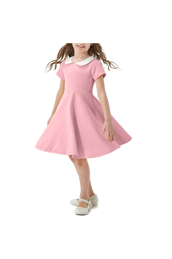 Girls Flare Dress, Short Sleeve Solid Color Kids Casual A-Line Sundress Pink 9-10T