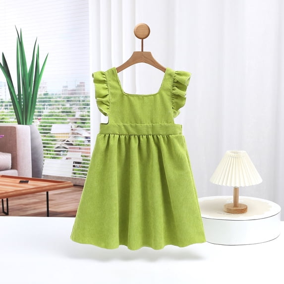 NAISIBABY Girls Flare Dress, Solid Color Corduroy Ruffled Sleeveless Casual Play Dress Green 3-4T