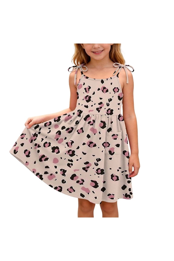 Girls Flare Dress, Summer Casual Leopard Sleeveless Soft Flowy Kids Cute Swing Sundress Brown Size 4