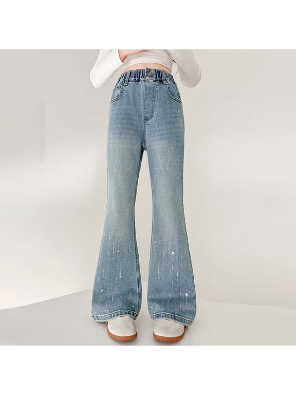 Girls Flare Leg Jeans, High Waist Trendy Rhinestone Cute Stertch Casual Denim Pants with Pockets Blue Size 14