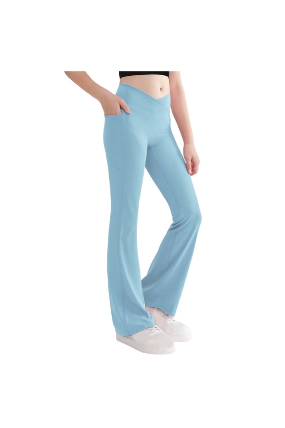 Girls Flare Leggings, High Waist with Side Pockets Stretch Bell Bottoms Yoga Dance Pants Light Blue 12T