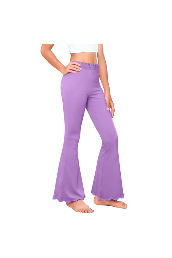 Girls Flare Pants, Cotton High Waist Bell Bottoms Stretchy Kids Casual Dance Yoga Leggings Purple 15T