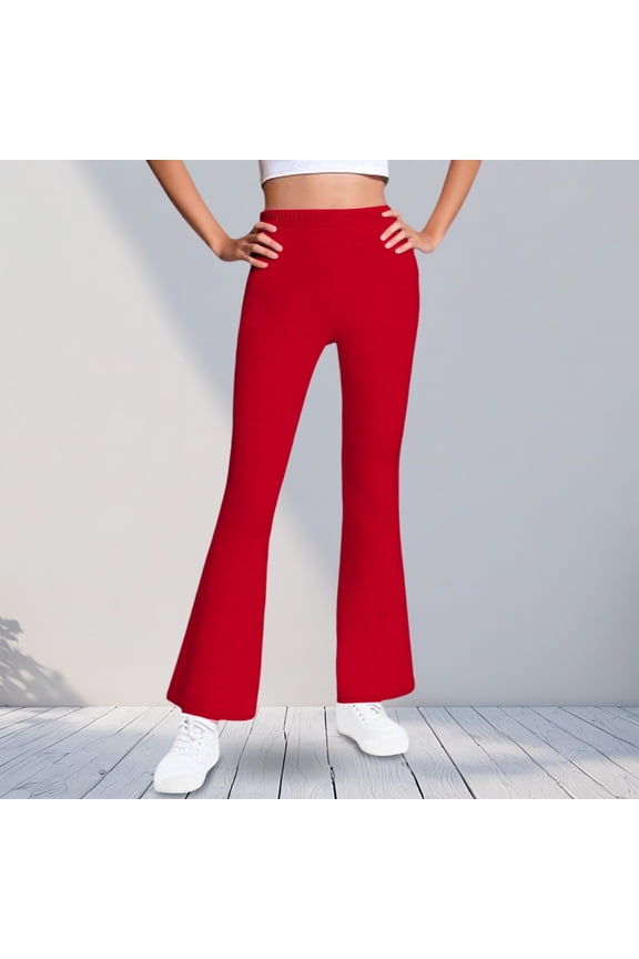 Girls Flare Pants, High Waist Stretch Slim Fit Fleece-lined Kids Bell Bottom Legging Pants Red 7T