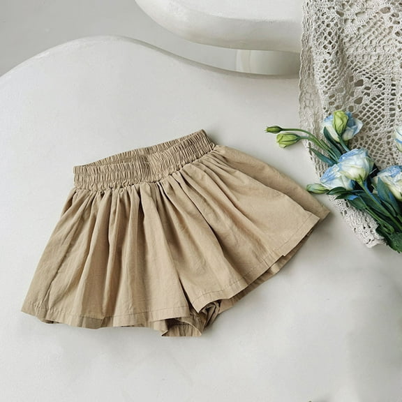 NAISIBABY Girls Flare Shorts, Pleated Elastic Waist Solid Color Summer Cute Casual Shorts Beige 3-4T