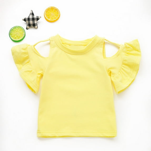 NAISIBABY Girls Flare Sleeve Tee, Solid Color Cotton Flounce Off Shoulder Summer Fashion T-Shirt Yellow 6-12Months