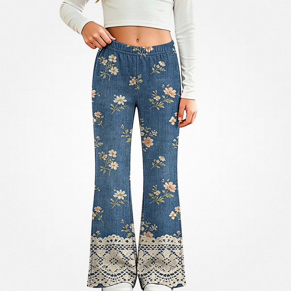NAISIBABY Girls Flared Denim Pants – Floral Print Soft Stretch Stylish Pants Blue Size 6