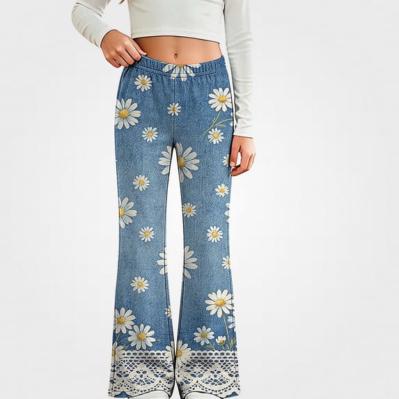 NAISIBABY Girls Flared Jeans– Floral Lace Print Stretchy Comfort Fashion Demin Pants Blue Size 3T
