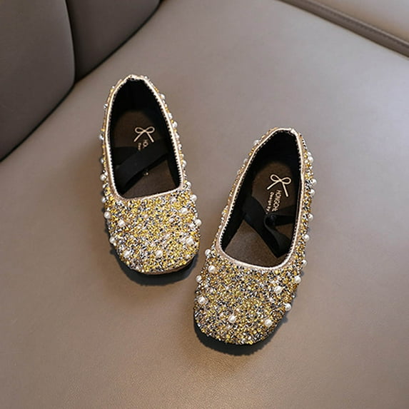 NAISIBABY Girls Flat Shoes, Non-slip Rhinestone Glitter Soft Soles Wedding Party Dress Shoes Gold