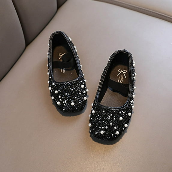 NAISIBABY Girls Flat Shoes, Non-slip Soft Soles Rhinestone Glitter Wedding Party Dress Shoes Black