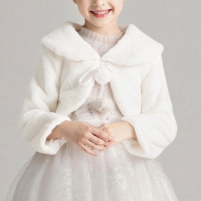 NAISIBABY Girls Fleece Cardigan Coat, Fuzzy Lace Up Open Front Long Sleeve Kids Dress Cropped Shawl Beige 7T