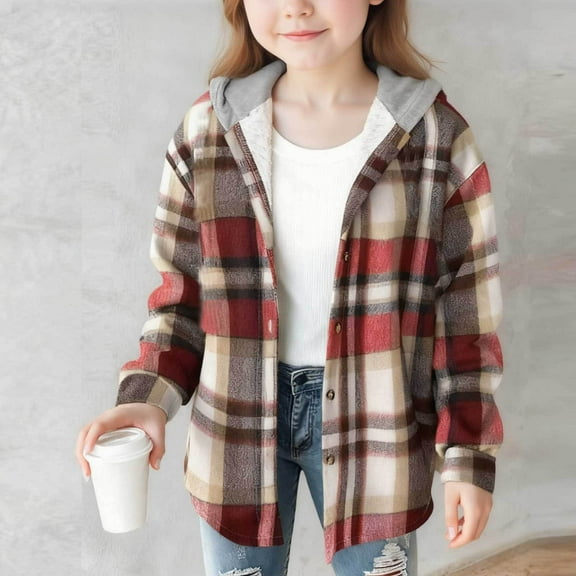 NAISIBABY Girls Fleece Jacket, Button Down Long Sleeve Plaid Fall Winter Casual Hooded Shirt Outwear Coffee 8T