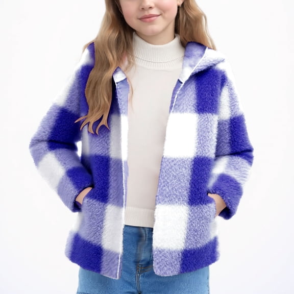 NAISIBABY Girls Fleece Jacket, Plaid Hooded Long Sleeve Thick Warm Winter Fashion Fuzzy Outerwear Blue 2T