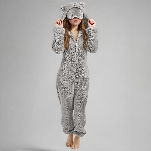 NAISIBABY Girls Fleece Jumpsuit with Eye-Mask, Hooded Fuzzy Sleepwear Zip-Up Soft Plush Winter Warm One Piece Pajamas Gray 5T