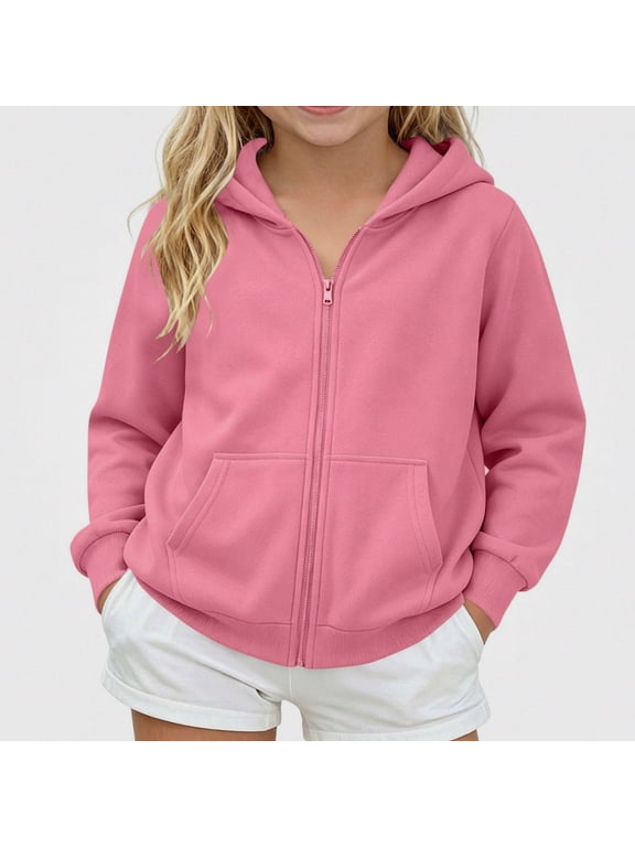 Girls' Fleece-Lined Hooded Zip-Up Sweatshirt – Solid Color Long Sleeve Casual Jacket Pink Size 5T
