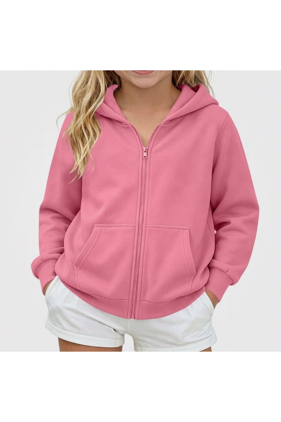 Girls' Fleece-Lined Hooded Zip-Up Sweatshirt – Solid Color Long Sleeve Casual Jacket Pink Size 5T