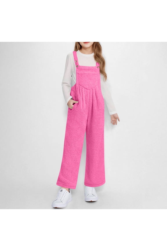 Girls Fleece Overalls, with Bib Pockets Soft Loose Adjustable Buttons Strap Fall Winter Warm Jumpsuits Hot Pink 8T