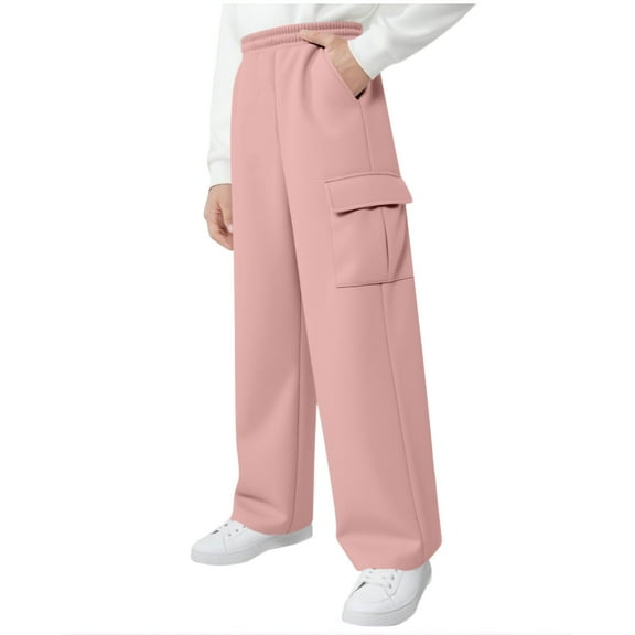 NAISIBABY Girls Fleece Sweatpants, Multi-Pockets Straight Leg Elastic Waist Kids Casual Sports Trousers Pink 5T