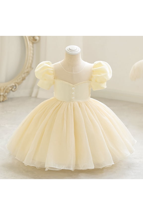 Girls Floral Dress, Back Bowknot Zipper Cute Mesh Puff Sleeve Wedding Party Gown Princess Dress Yellow 8T