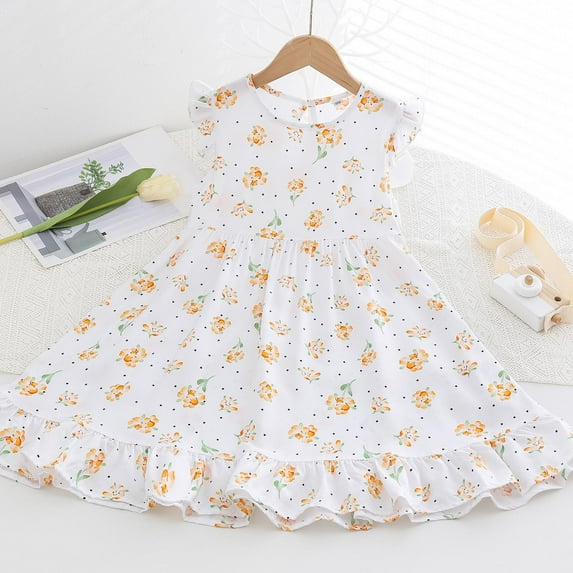 NAISIBABY Girls Floral Dress, Cotton Ruffled Sleeveless Summer Casual Play Dress White 7-8T