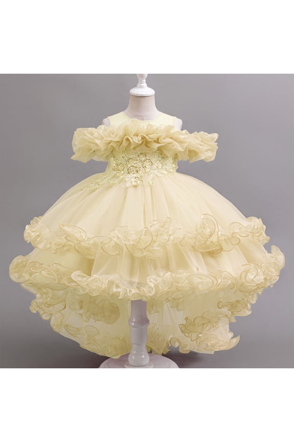 Girls Floral Dress, Elegant Glitter Puff Mesh Off the Shoulder Wedding Party Pageant Princess Dress Yellow 4T