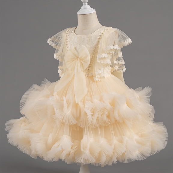 NAISIBABY Girls Floral Dress, Embroidered Mesh Elegant Ruffles Lace Sleeve Wedding Pageant Party Princess Dress Yellow 12T