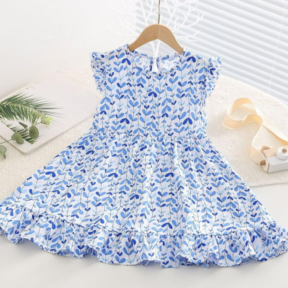 NAISIBABY Girls Floral Dress, Flare Ruffled Sleeveless Cotton Casual Peplum Dress White 5-6T