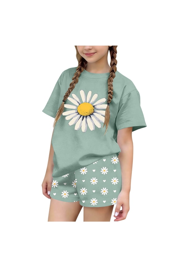 Girls Floral Outfit Sets, Graphic Short Sleeve T-Shirt and Elastic Waist Shorts Kids Summer Fashion Clothes Green Size 13