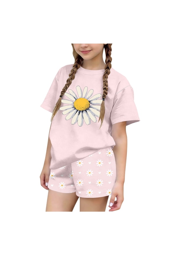 Girls Floral Outfit Sets, Graphic Short Sleeve T-Shirt and Elastic Waist Shorts Kids Summer Fashion Clothes Pink Size 14