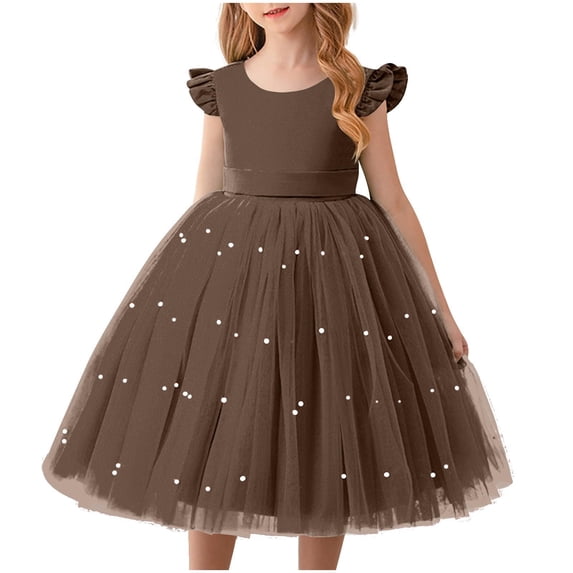NAISIBABY Girls Flower Dress, Mesh Puffy Sequin Ruffle Sleeve Princess Party Pageant Dress Brown 6-7T