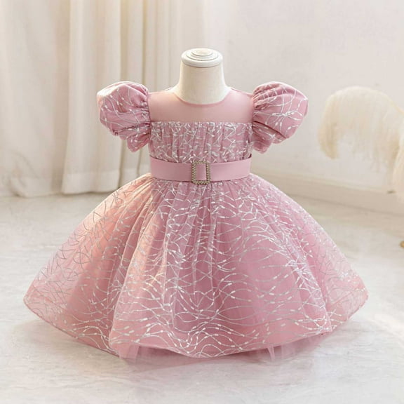 NAISIBABY Girls Flower Dress, Puff Sleeve Tutu Tulle Glitter Mesh Wedding Party Pageant Princess Dress Pink 4T