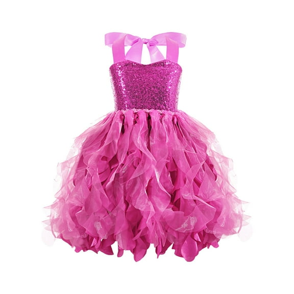 NAISIBABY Girls Flower Sequin Dress, Rainbow Mesh Pageant Tutu Birthday Party Princess Dress Hot Pink 6-8T