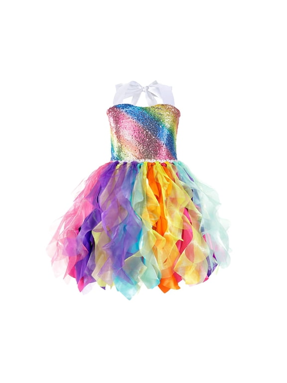 Girls Flower Sequin Dress, Rainbow Pageant Mesh Tutu Birthday Party Princess Dress Multicolor 8-10T