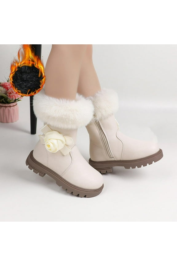 Girls Fluffy Boots, Mid-Cut Side Zipper PU Leather Winter Warm Princess Boots Beige
