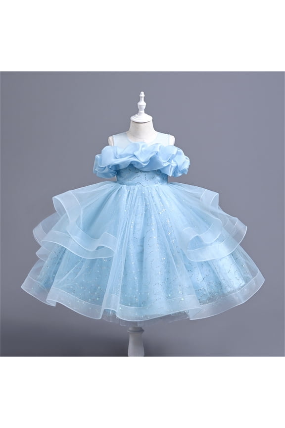 Girls Formal Pageant Dress, Ruffled Lace Embroidery Mesh Wedding Birthday Dress New Sleeveless Prom Maxi Dress Blue 5T