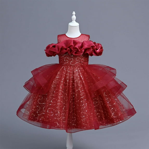 NAISIBABY Girls Formal Pageant Dress, Ruffled Lace New Sleeveless Embroidery Mesh Wedding Birthday Dress Prom Maxi Dress Wine 7T