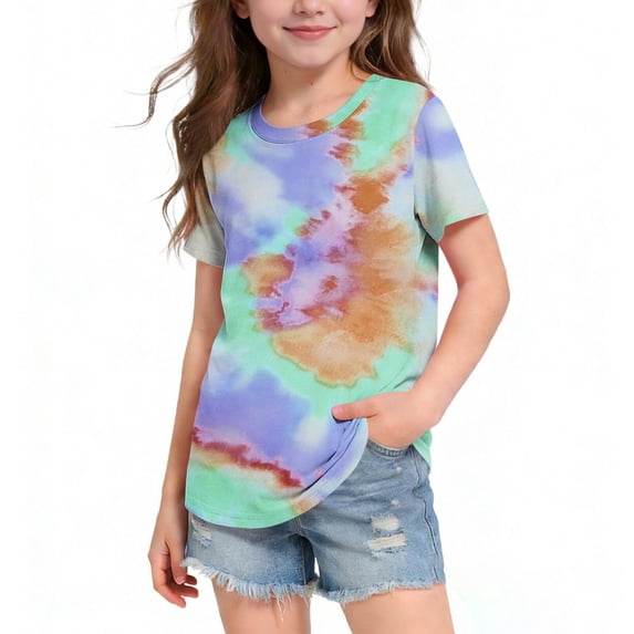 NAISIBABY Girls Graphic T-Shirt, Crew Neck Tie-Dye Prints Short Sleeve Summer Casual Fashion Tees Orange 9T